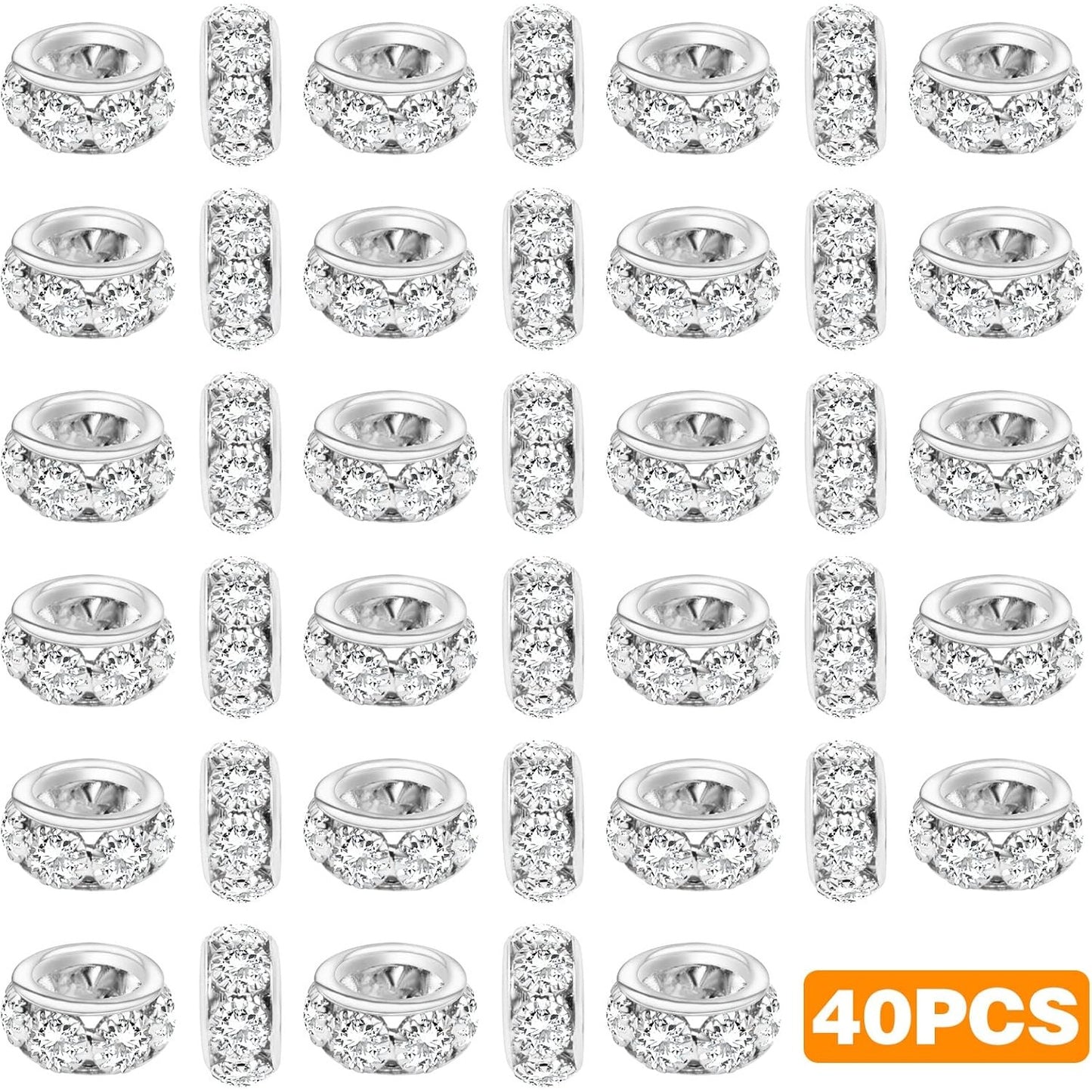 40pcs 12mm Large Hole Rhinestone European Beads, Crystal Rondelle Spacer Beads Round Loose Beads for Snake Chain Bracelet DIY Jewelry Making, Hole: 8mm