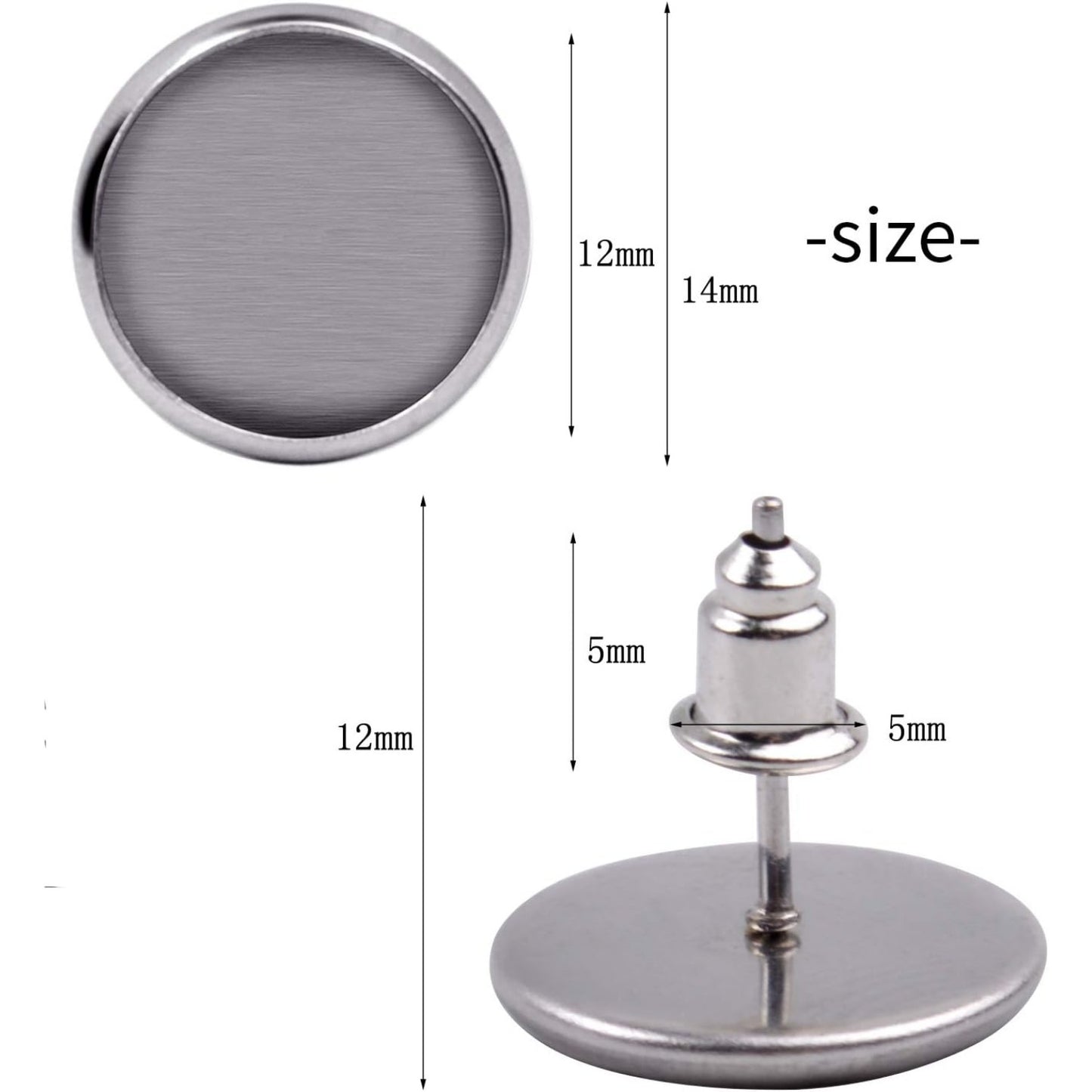 50 Pieces Stainless Steel Stud Silver Earring Cabochon Setting Post Cup for 12mm and 50 Pieces Bullet Clutch Earrings Safety Backs