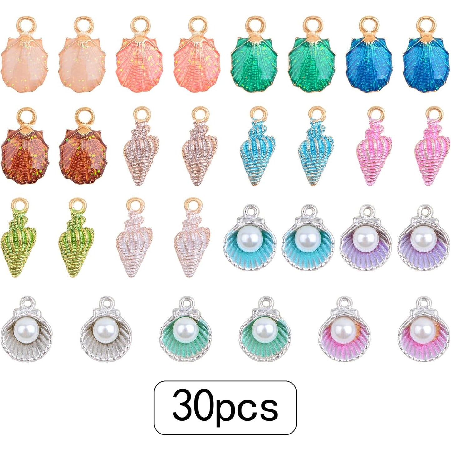 30pcs 3 Styles Alloy Ocean Life Seashell Conch Shells Charms Colorful Enamel Pearl Sea Animal Pendant Charms Craft Supplies for DIY Jewelry Making Birthday Wedding Party Gifts