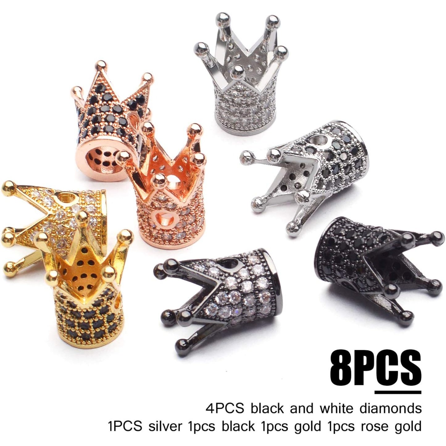 Mixed Color Brass Crown Spacer Beads, 8pcs Micro Pave Cubic Zirconia CZ King Crown Charm Loose Beads for DIY Jewelry Making and Crafting, 12x8mm