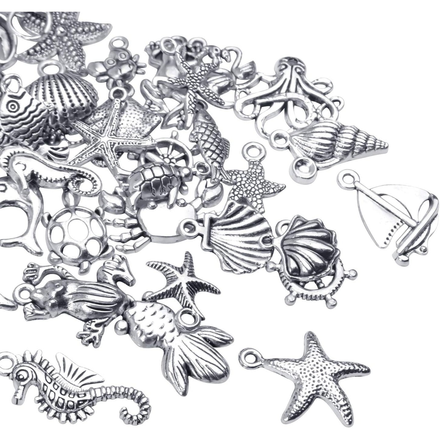 Sea Animal Charms, 50pcs Alloy Marine Life Pendants Ocean Fish & Sea Creatures Charms Pendants Jewelry Findings for DIY Necklace Bracelet, Silver