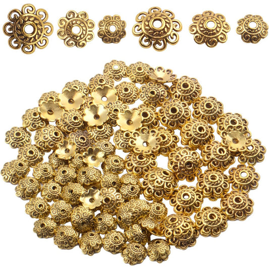 200pcs 8mm/10mm/12mm Bead Caps Spacer Beads Flower Bead Caps Jewelry DIY Findings for Necklace Bracelet Making,Antique Gold