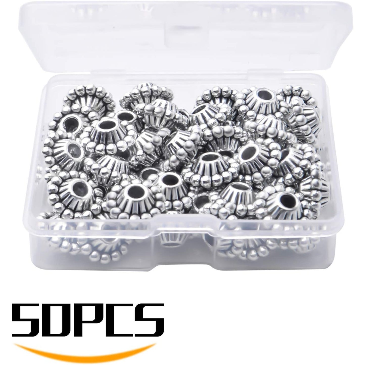 50pcs 11mm Antique Silver Flower Spacer Bead Tibetan Alloy Spacers European Large Hole Beads Jewelry Spacer Charm with A Box for Bracelet DIY Crafts Jewelry Making