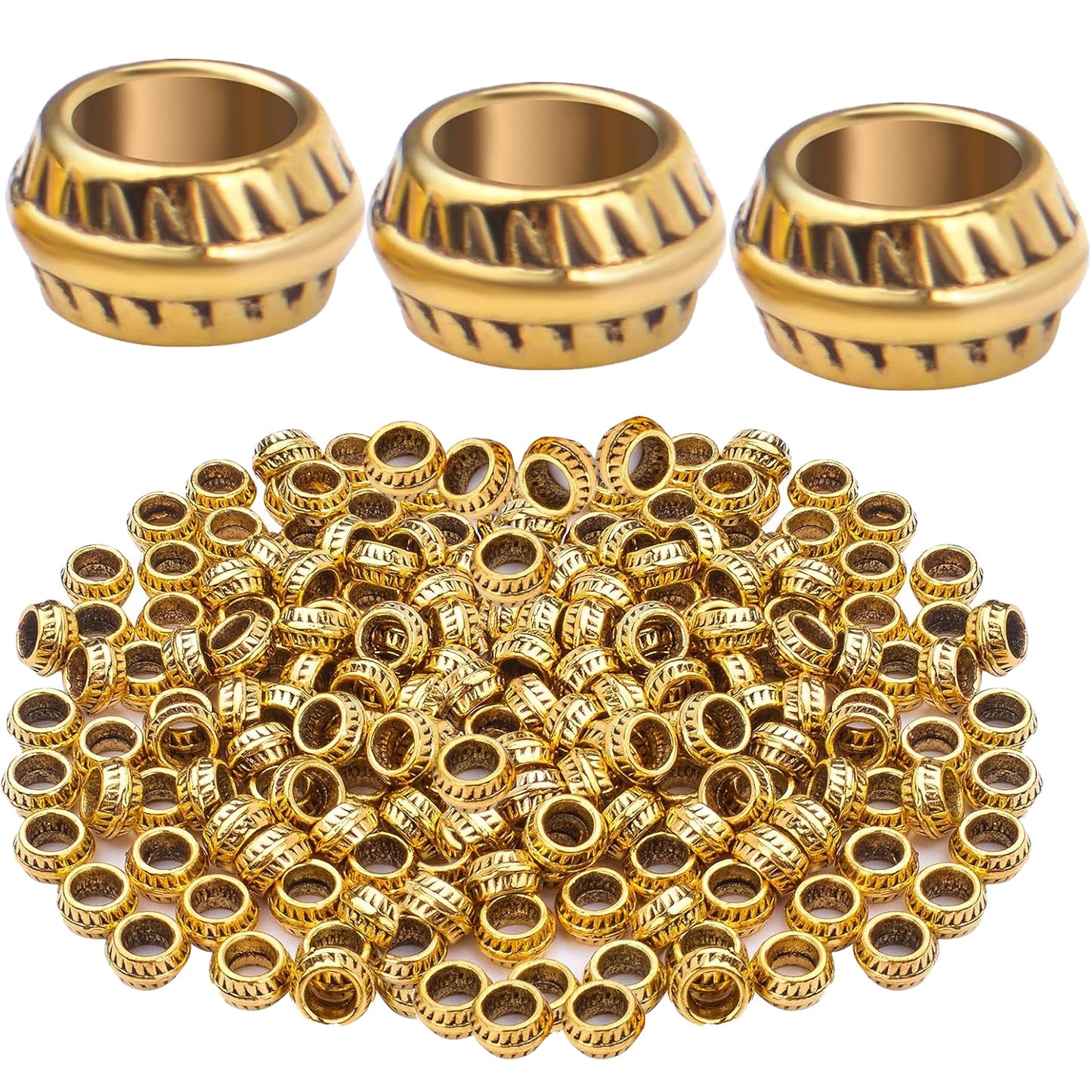 Large Hole Spacer Beads, 200pcs 7mm Round Beads European Alloy Spacer Bead Charms Craft Supplies for Bracelet Necklace Jewelry Making, Antique Gold, Antique Silver