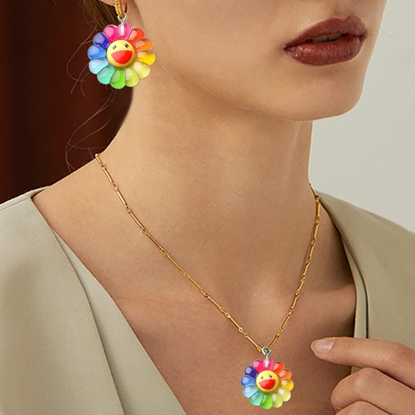 Sunflower Pendants, 20pcs Resin Rainbow Flower Charms & Smiley Face Cabochons for DIY Jewelry, 2 Sizes