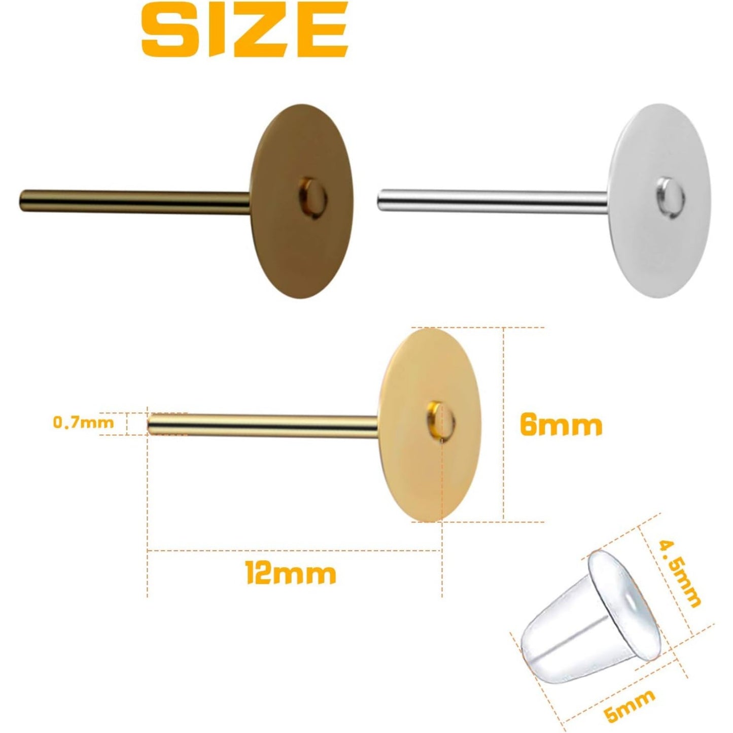 300pcs Stainless Earring Posts Flat Pads with 300pcs Clear Bullet Earring Backs for Jewelry Making,Gold Silver Bronze