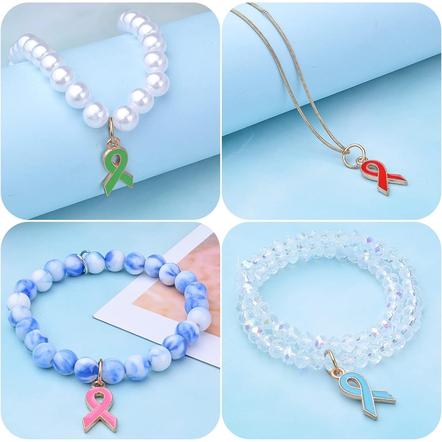 48pcs Breast Cancer Awareness Charms Enamel Ribbon Charm Beads Hope Ribbon Pendant Charms DIY Jewelry Making Accessories for Bracelet Necklace Earrings Crafts, 8 Colors