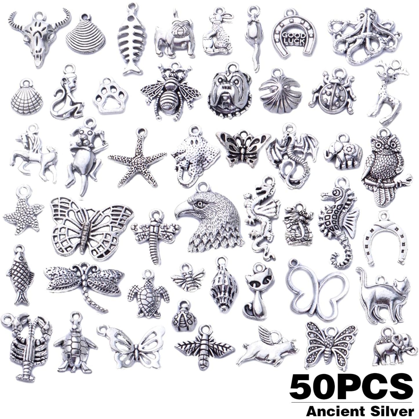 50pcs Antique Silver Animal Charms Alloy Dragon Monkey Fish Turtle Octopus Insect Charm Pendants Craft Supplies for Jewelry DIY Earrings Necklace Bracelet Making Accessories