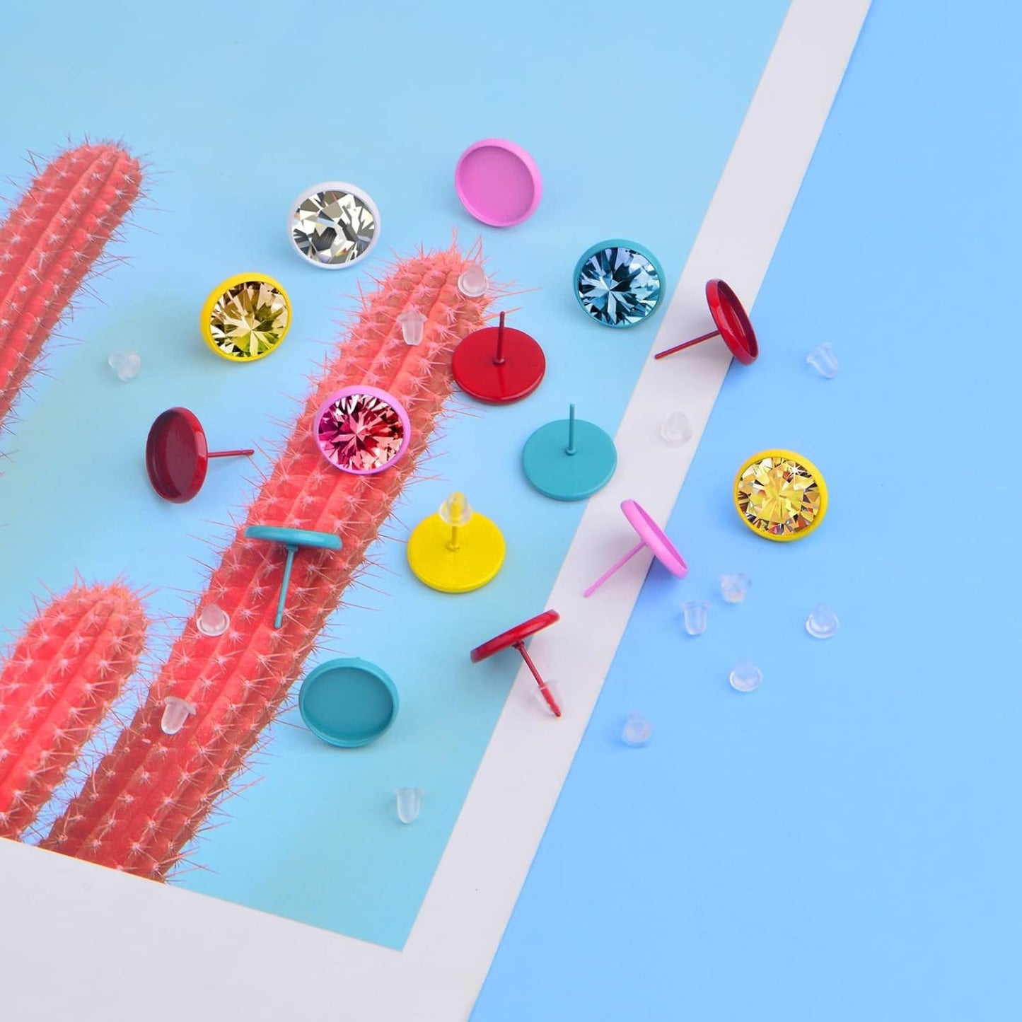 50 Pieces Blank Stud Earring Bezel Post Cup Round Cabochon Settings and 50 Pieces Earring Safety Backs for DIY Earrings Jewelry Making Fingdings, 5 Colors