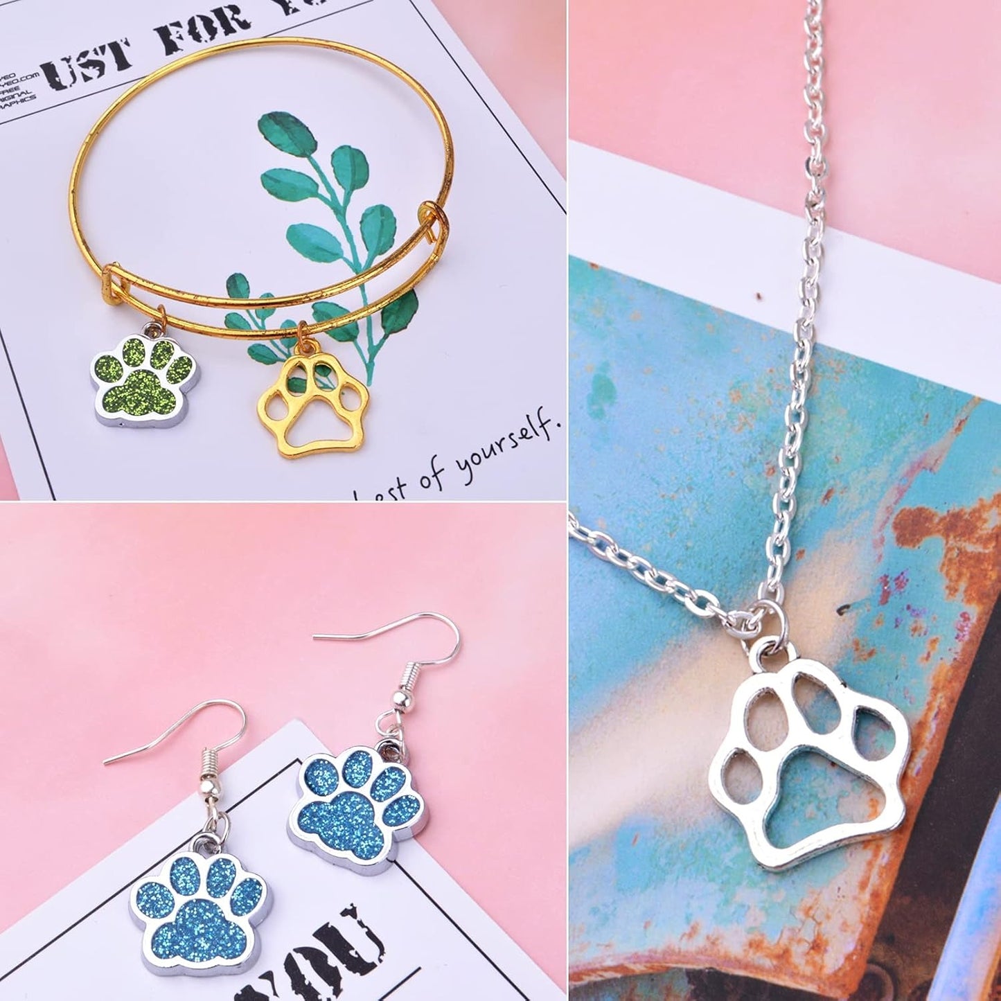 70pcs Alloy Paw Print Charms Enamel Glitter Dog Cat Bear Footprint Pendants Animal Paw Chunk Charms for DIY Necklace Bracelet Earrings Jewelry Making Birthday Party Favor Gifts