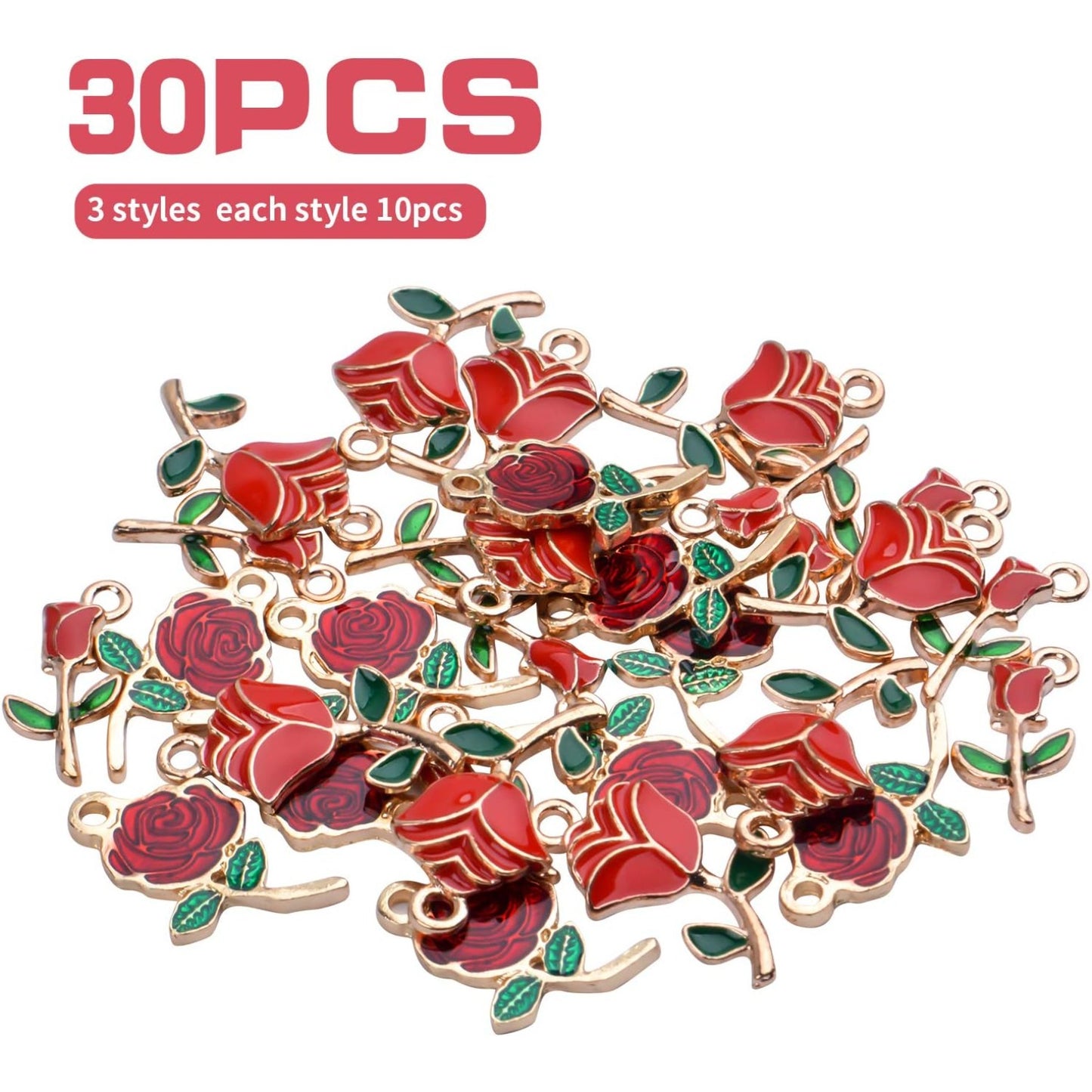 30pcs Enamel Rose Flower Charm Pendants Lovely Dangle Charms for Valentine's Day DIY Bracelet Necklace Earrings Jewelry Making, Red
