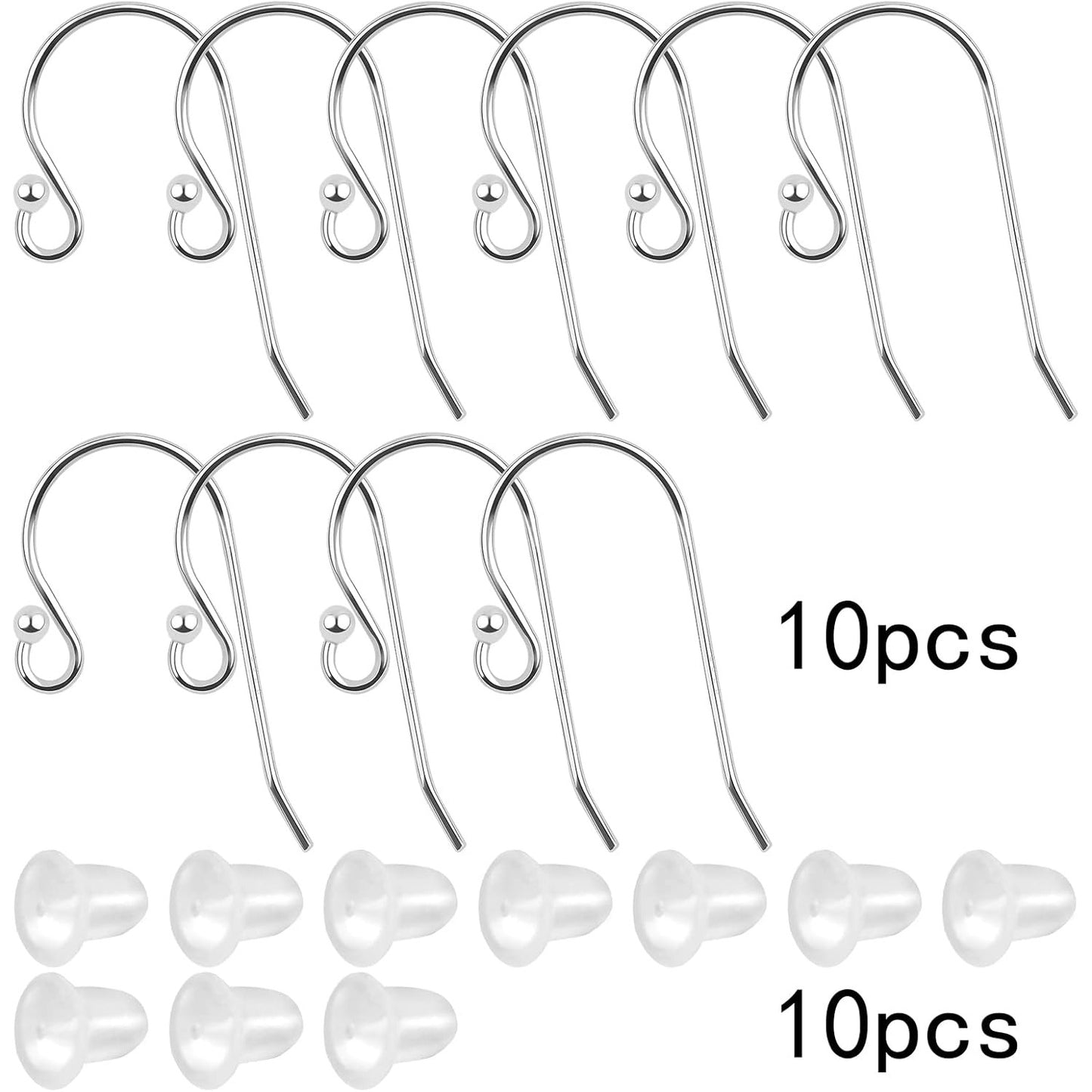10pcs/5 Pairs 925 Sterling Silver Ear Wires Ball Dot End French Earring Hooks Earring Findings and 10pcs Clear Earring Backs for DIY Drop Dangle Jewelry Making Replacements