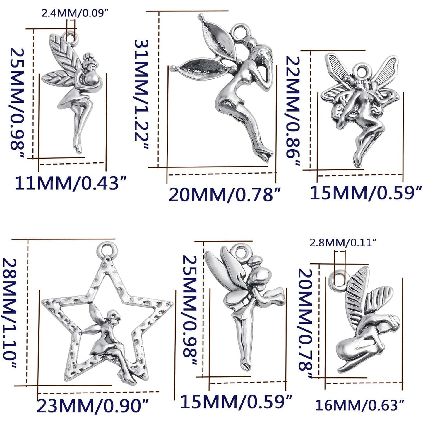 60pcs Antique Silver Angel Charms Vintage Alloy Fairy on Star Pendants Angel Fairy Dangle Charms Crafts Supplies for DIY Necklace Bracelet Earrings Jewelry Making, 6 Styles