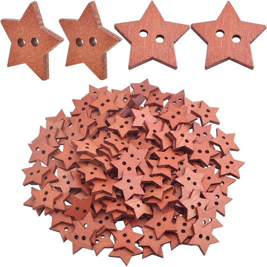 200pcs Wooden Star Buttons with 2 Holes Star Shape Sewing Knitting Wood Buttons Accessories DIY Sewing Clothes Craft Projects Scrapbooking Decoration, Vintage Coffee Color