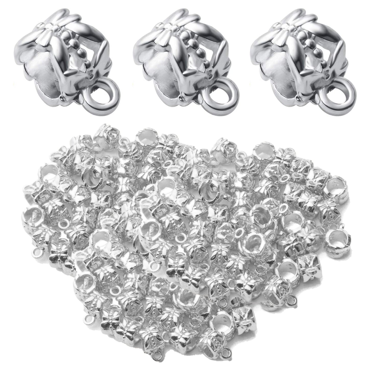 100pcs Bail Beads Alloy European Style Bail Beads with Charm Loop Connector Spacer Beads Jewelry Tube Bails Beads for DIY Bracelet Necklace Jewelry Crafts Making Supplies