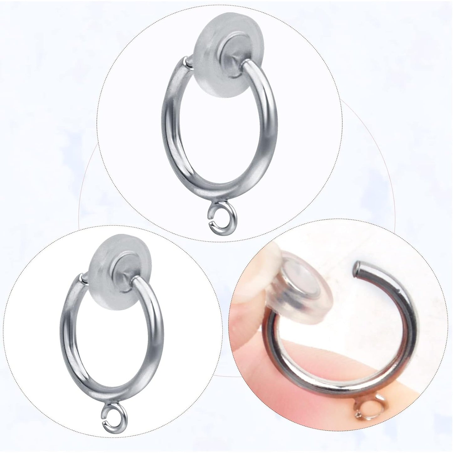16pcs Brass Clip-on Hoop Earring Converters Round Dangle Ear Clips Classic Earring Findings with Open Loop for Non-Pierced Ears Jewelry Making, Bright Silver