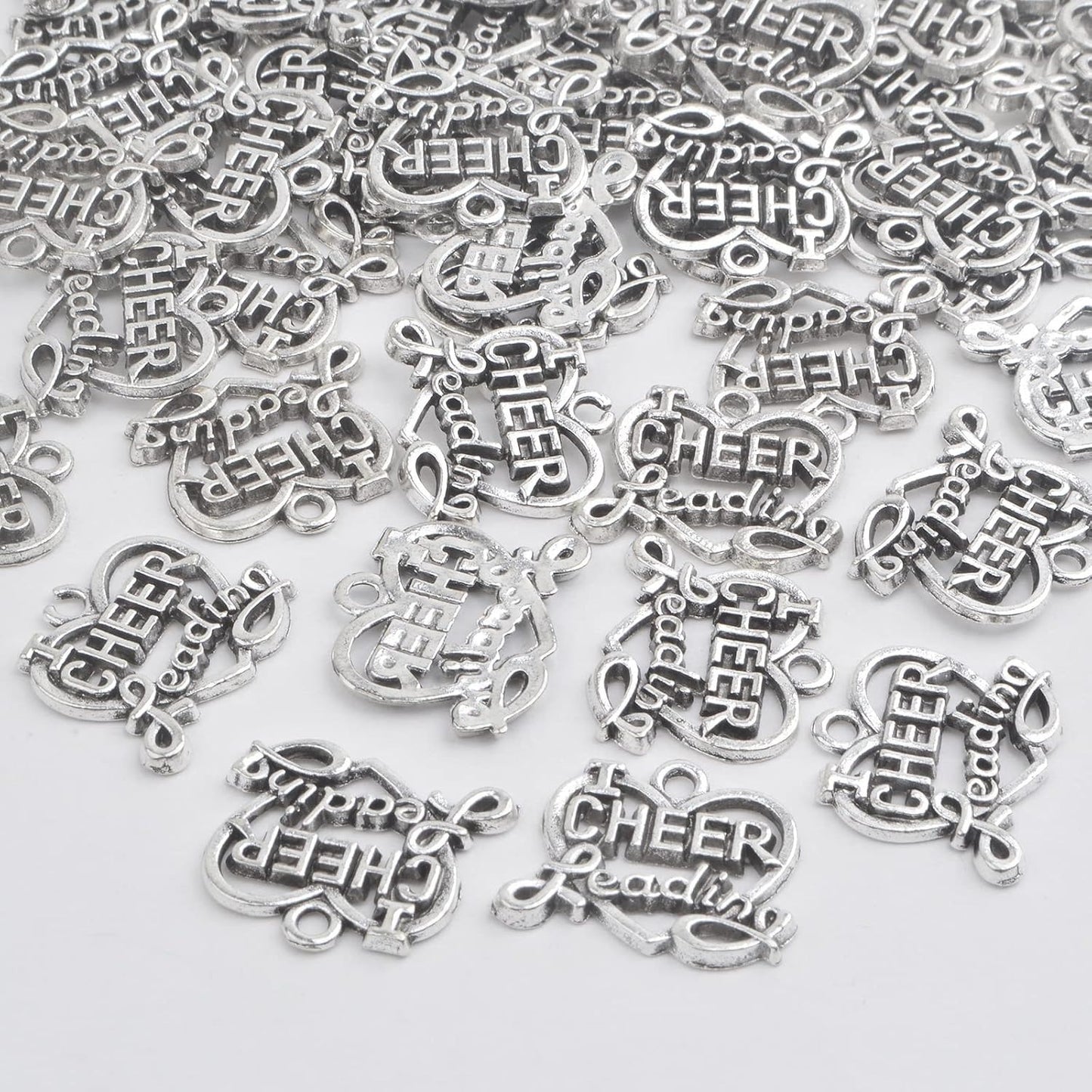 50pcs Antique Silver Heart Shape Cheerleading Charms Tibetan Alloy I Love Cheer Leading Pendants Craft Supplies for DIY Necklace Bracelet Jewelry Making Cheerleader Gifts