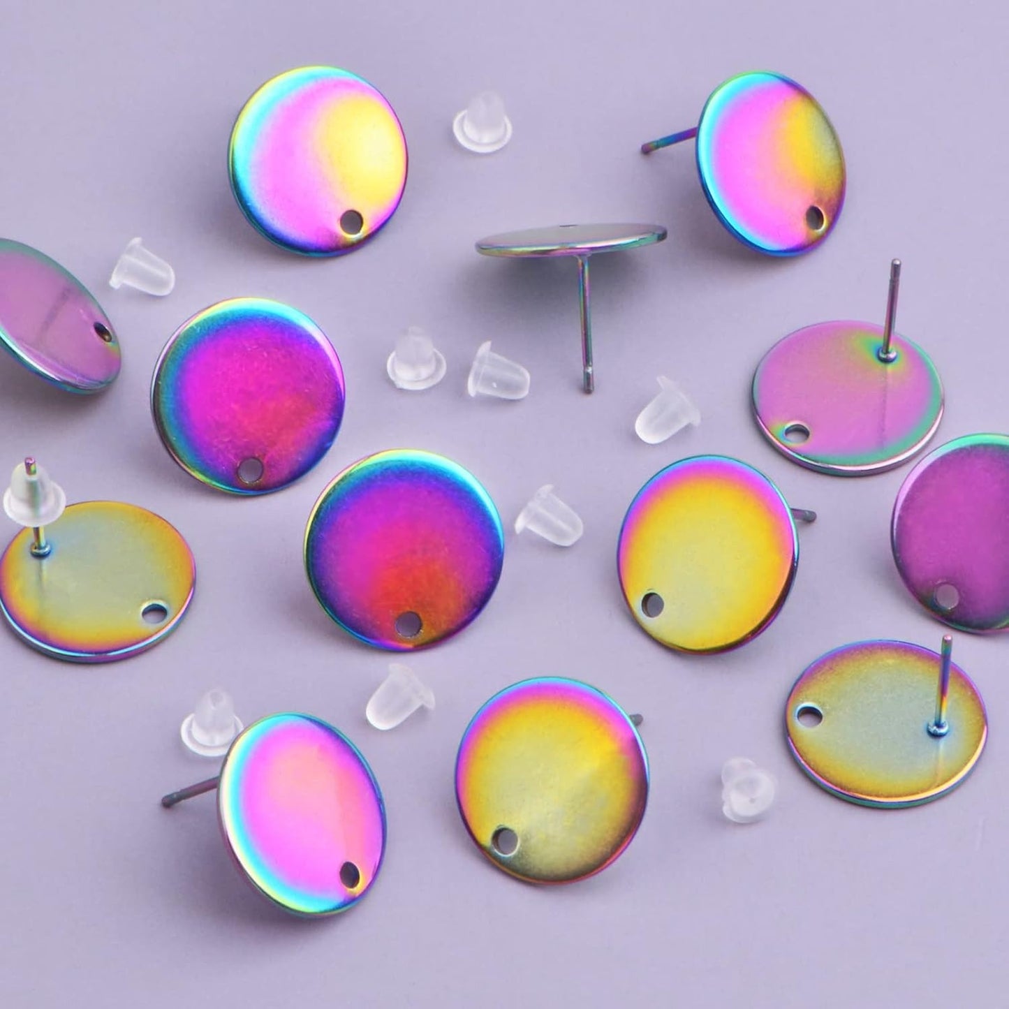 40pcs Stainless Steel Earring Posts with Loop Blank Round Stud Earring Findings and 40pcs Clear Earring Backs Stoppers for DIY Jewelry Making Supplies, Rainbow Color