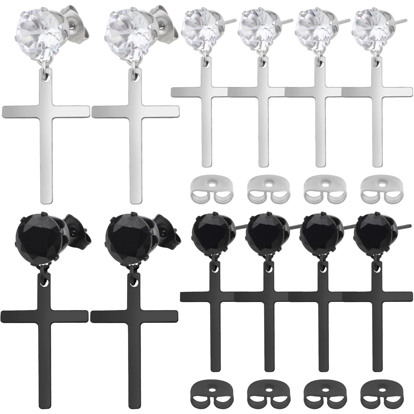 12pcs Hypoallergenic Cubic Zirconia Cross Stud Earrings Stainless Steel Dangle Earrings Rhinestone Cross Drop Charms Hoop Earrings for Women Men Earrings Making, 2 Colors