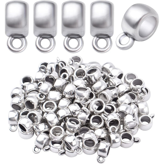 100pcs Antique Silver Bail Tube Beads Tibetan Alloy Tube Spacer Beads Vintage Hanger Dangle Connector Links for DIY European Charm Bracelet Jewelry Making Accessories
