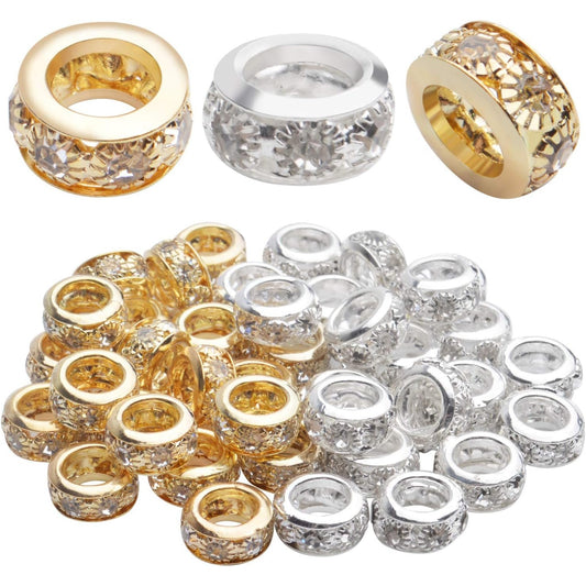 Large Hole Rhinestone Beads,40pcs 10mm Spacer Beads Crystal Pave Brass Beads Rondelle Beads Fit European Bracelet Snake Chain Jewelry DIY