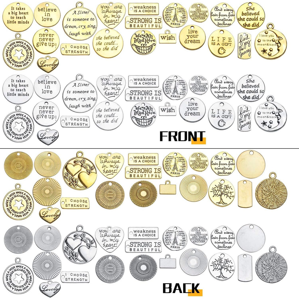 Words Pendant Charms, 46pcs Inspirational Words Charms Alloy Message Bead Pendants Accessory for DIY Necklace Bracelet Jewelry Making Crafting, Antique Golden and Silver