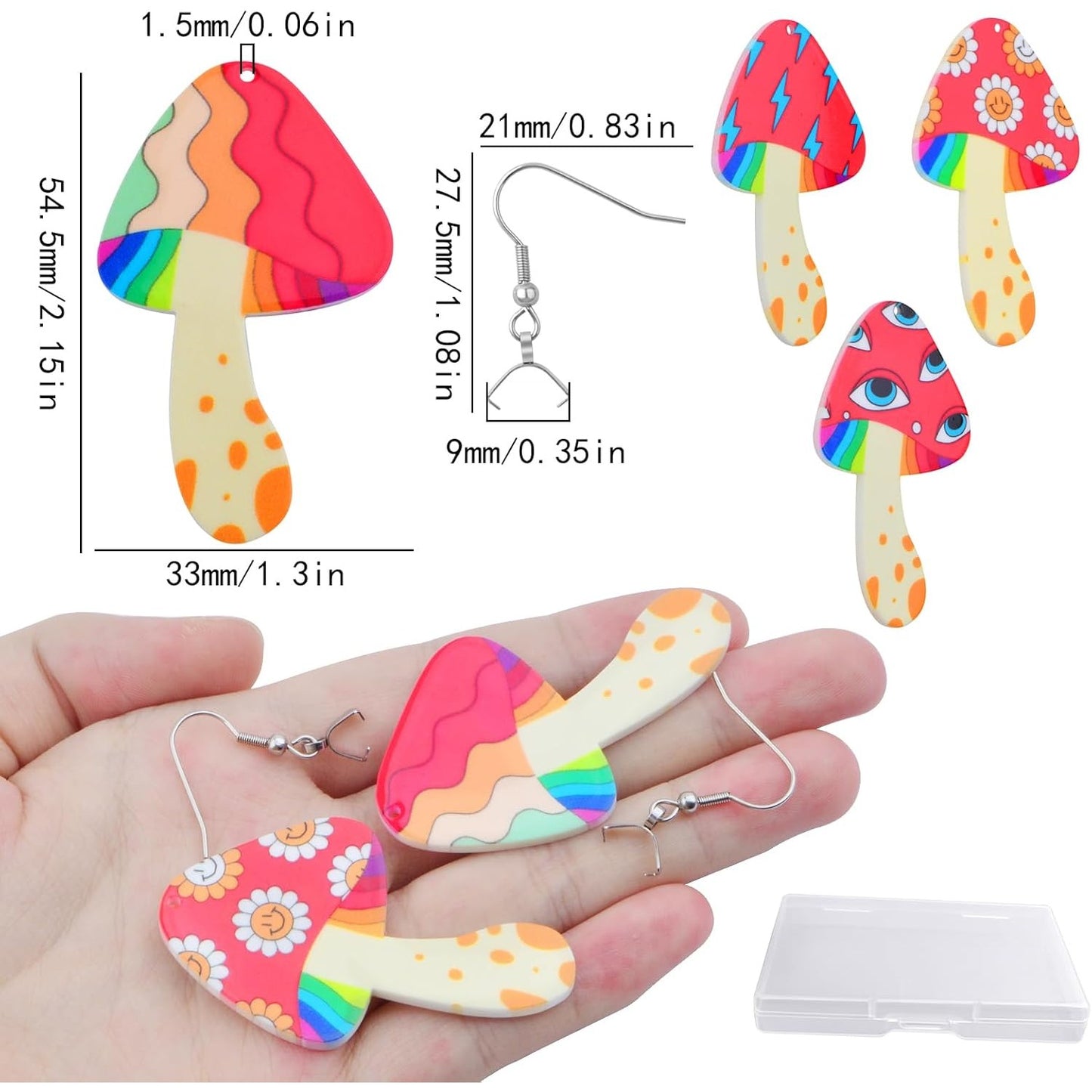 4 Pairs Acrylic Multicolor Mushroom Charms & 8pcs Silver Earring Hooks with Pinch Bail Clasps for DIY Jewelry Making