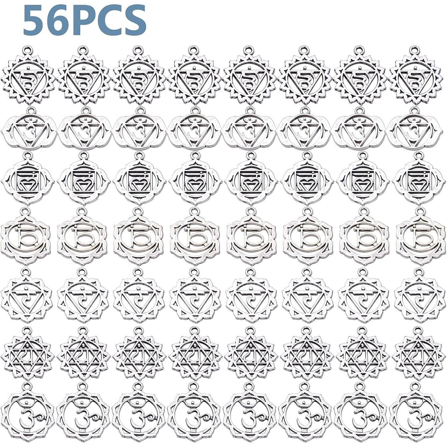 56pcs 7 Styles Chakra Charms Alloy Yoga OM OHM Flower Pendants Charms Jewelry Findings Accessory for DIY Necklace Bracelet Earrings Craft Supplies, Antique Silver