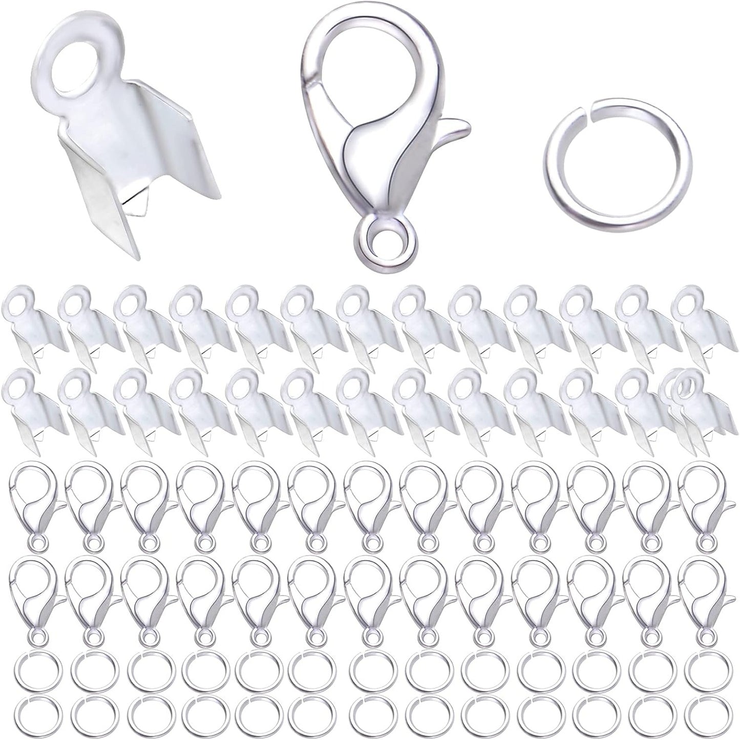 500pcs Silver Jewelry Making Accessories Kit, 200pcs Fold Over Cord End Caps Crimp End Tips, 200pcs Open Jump Rings and 100pcs Lobster Claw Clasps for Leather Ribbon Jewelry Making Findings