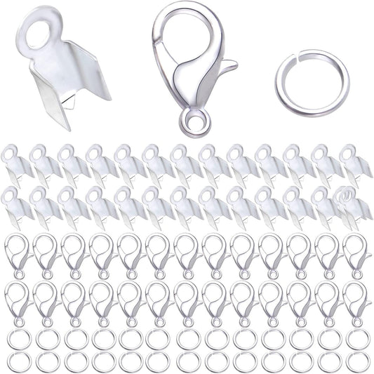 500pcs Silver Jewelry Making Accessories Kit, 200pcs Fold Over Cord End Caps Crimp End Tips, 200pcs Open Jump Rings and 100pcs Lobster Claw Clasps for Leather Ribbon Jewelry Making Findings