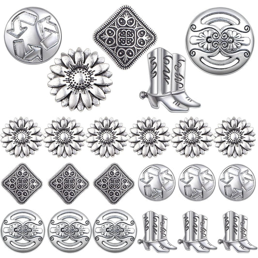 30pcs Silver Sewing Shank Buttons Tibetan Alloy Assorted Carved Sunflower Arrowhead Boot Decorative Handmade Buttons for Costumes Design Clothes Jeans Sewing Crafts, 5 Styles
