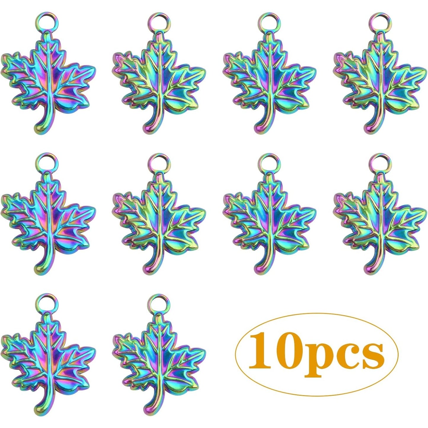 10pcs Stainless Steel Fall Charms Hypoallergenic Maple Leaf Pendants Autumn Leaf Dangle Charms for DIY Bracelet Necklace Jewelry Making Thanksgiving Gift, Rainbow Color