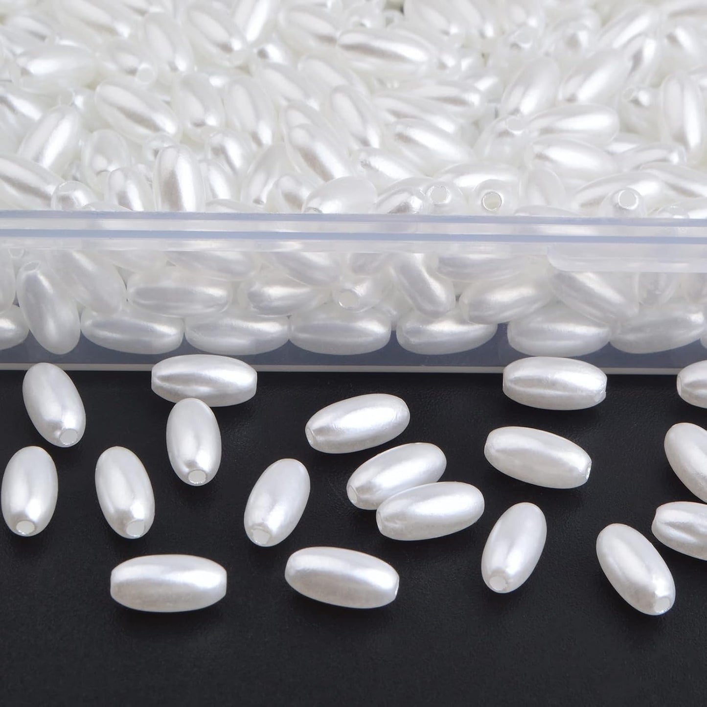 1000pcs White Long Pearl Beads Smooth Ball Imitation Pearl Beads Plastic Oval Rice Shape Spacer Beads with a Plastic Box for DIY Bracelets Jewelry Making Craft Decoration