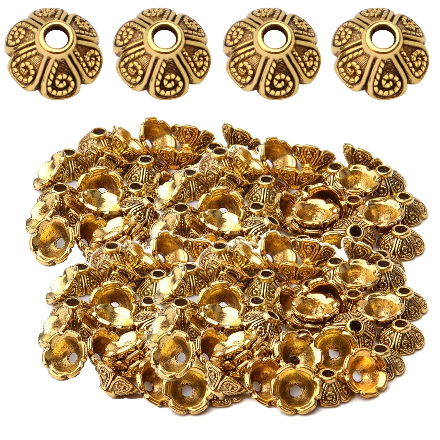 100pcs 9mm Tibetan Style Alloy Flower Caps Spacer Bead Caps Flower Beads End Caps Spacer Caps with A Box for DIY Jewelry Crafts Making(Antique Silver and Antique Gold)