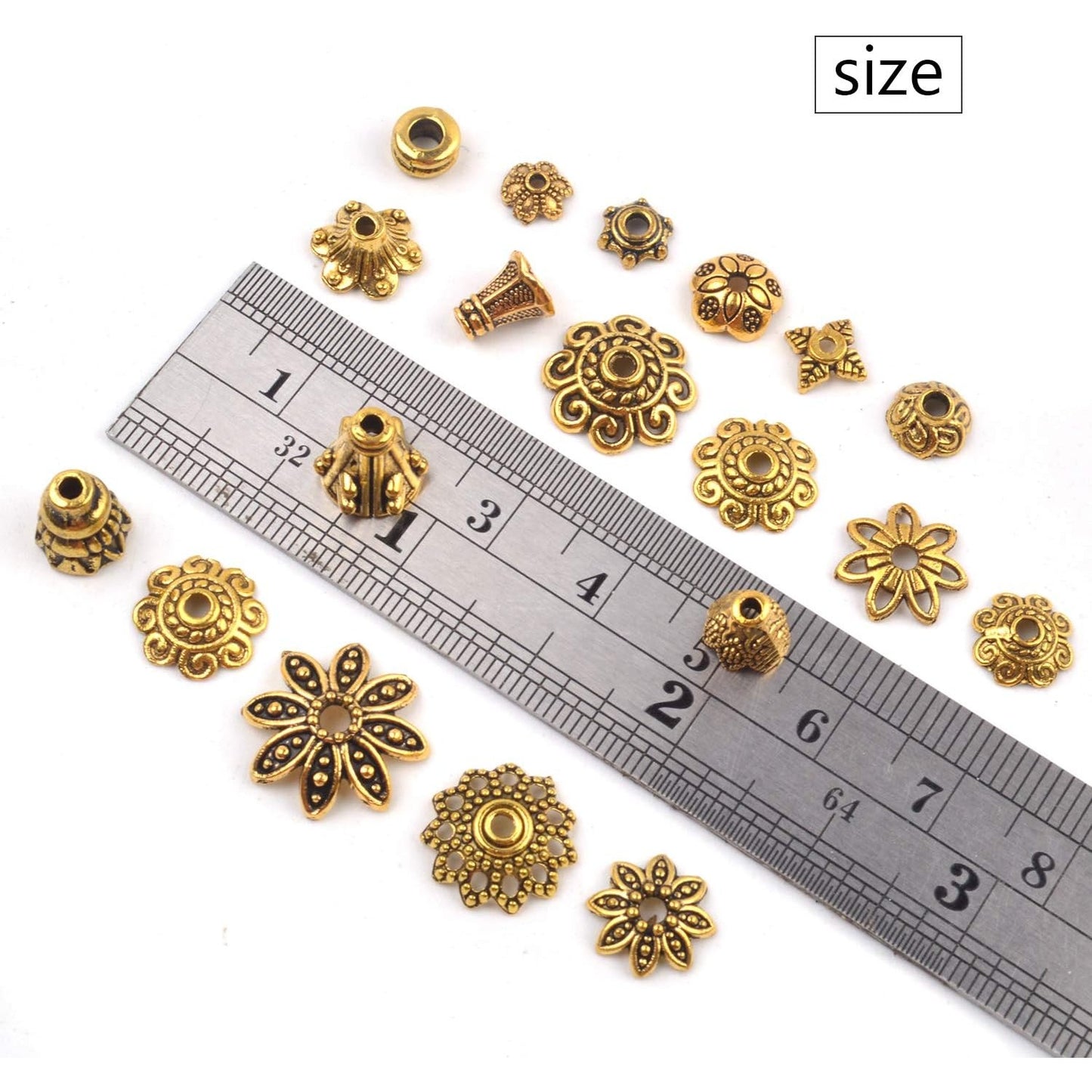 100 Gram(About 250-350pcs) Bali Style Jewelry Making Metal Bead Caps Deluxe New Mix,Antique Gold