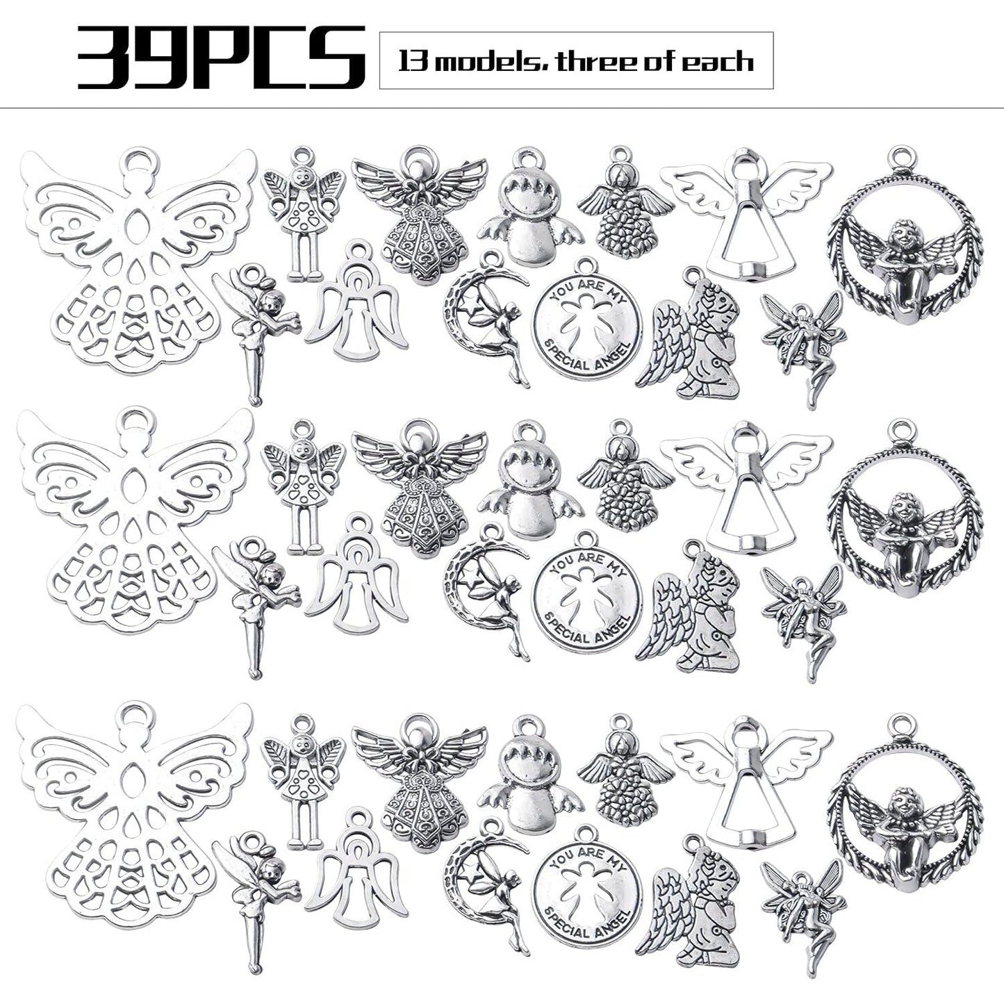 39pcs Antique Silver Angel Fairy Charms Pendants Alloy Angel Charm Craft Supplies for Jewelry DIY Bracelet Necklace Craft Making Finding,13 Styles