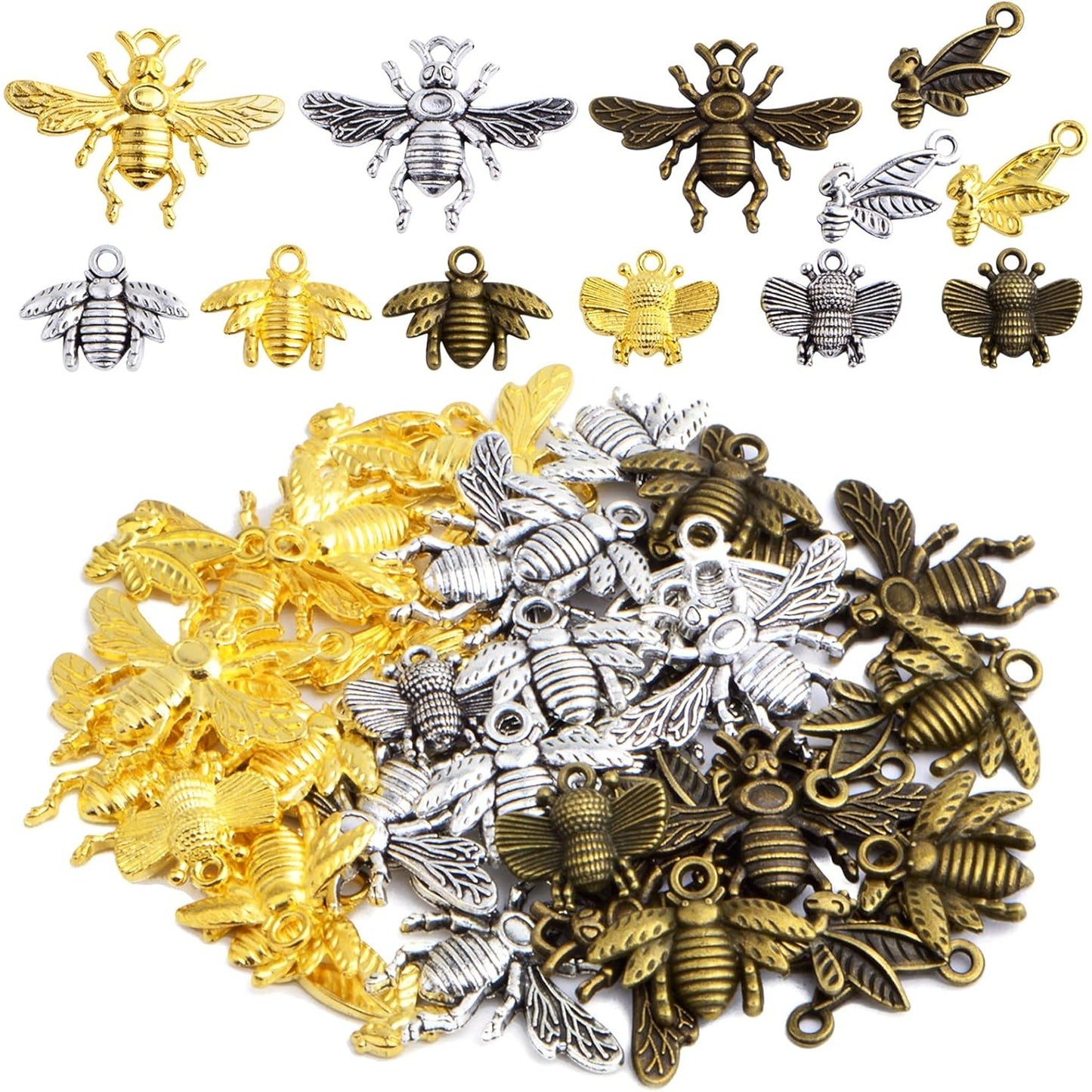 60 Pieces 4 Styles Bee Pendant Charms Antique Alloy Honeybee Fly Insect Dangle Charms Jewelry Findings for DIY Bracelet Necklace Earrings Crafting, 3 Colors