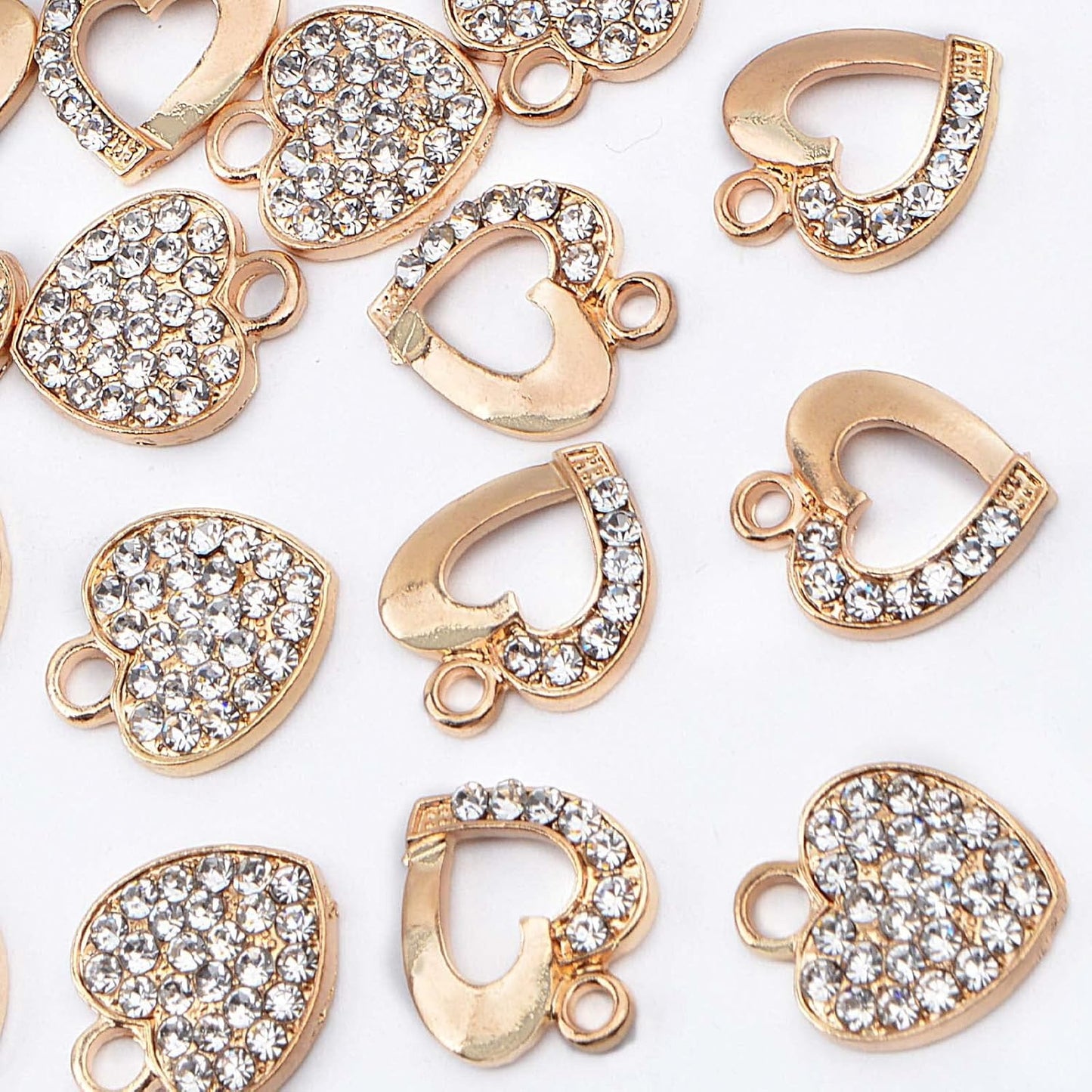 20pcs KC Golden Heart Rhinestone Charms Valentine Love Heart Shaped with Diomond Dangle Pendants for DIY Bracelet Necklace Jewelry Making Christmas Birthday Gift, 2 Styles