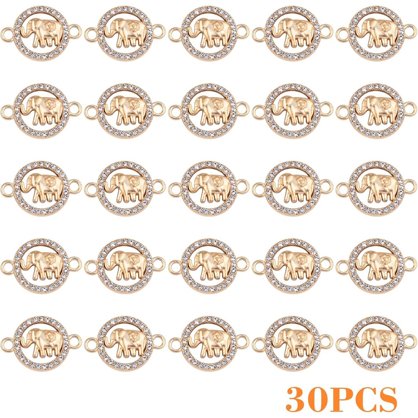 30pcs Golden Rhinestone Elephant Charms Connectors Creative Animal Elephant Double Hole Pendants Links Craft Supplies DIY Bracelet Necklace Keychains Jewelry Making