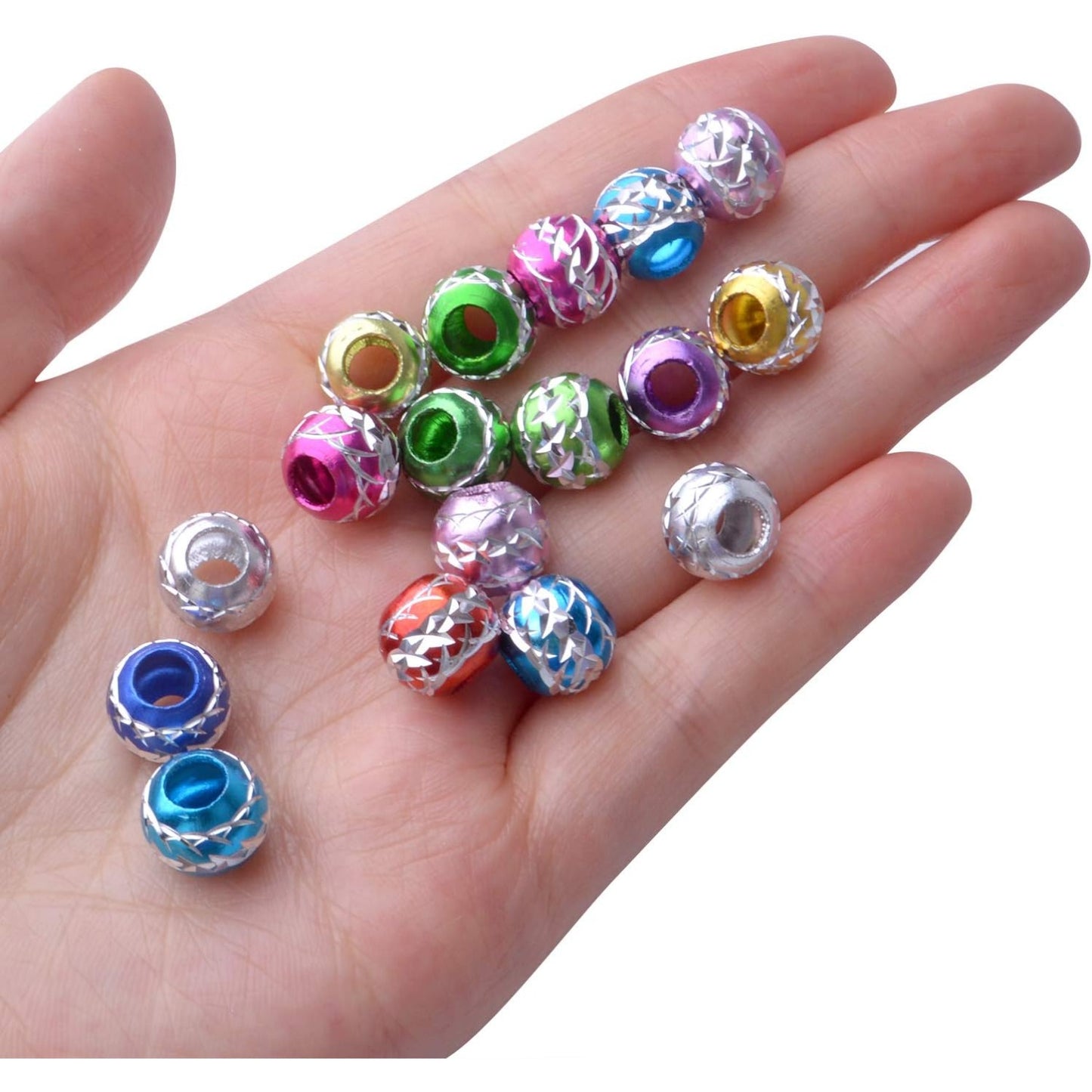 50pcs 10mm Colorful Ball Spacers Beads Aluminum Carving Big Hole Bead Spacers Rondelle Loose Beads Jewelry Spacer Charms for DIY Jewelry Crafts Making, Hole: 5mm