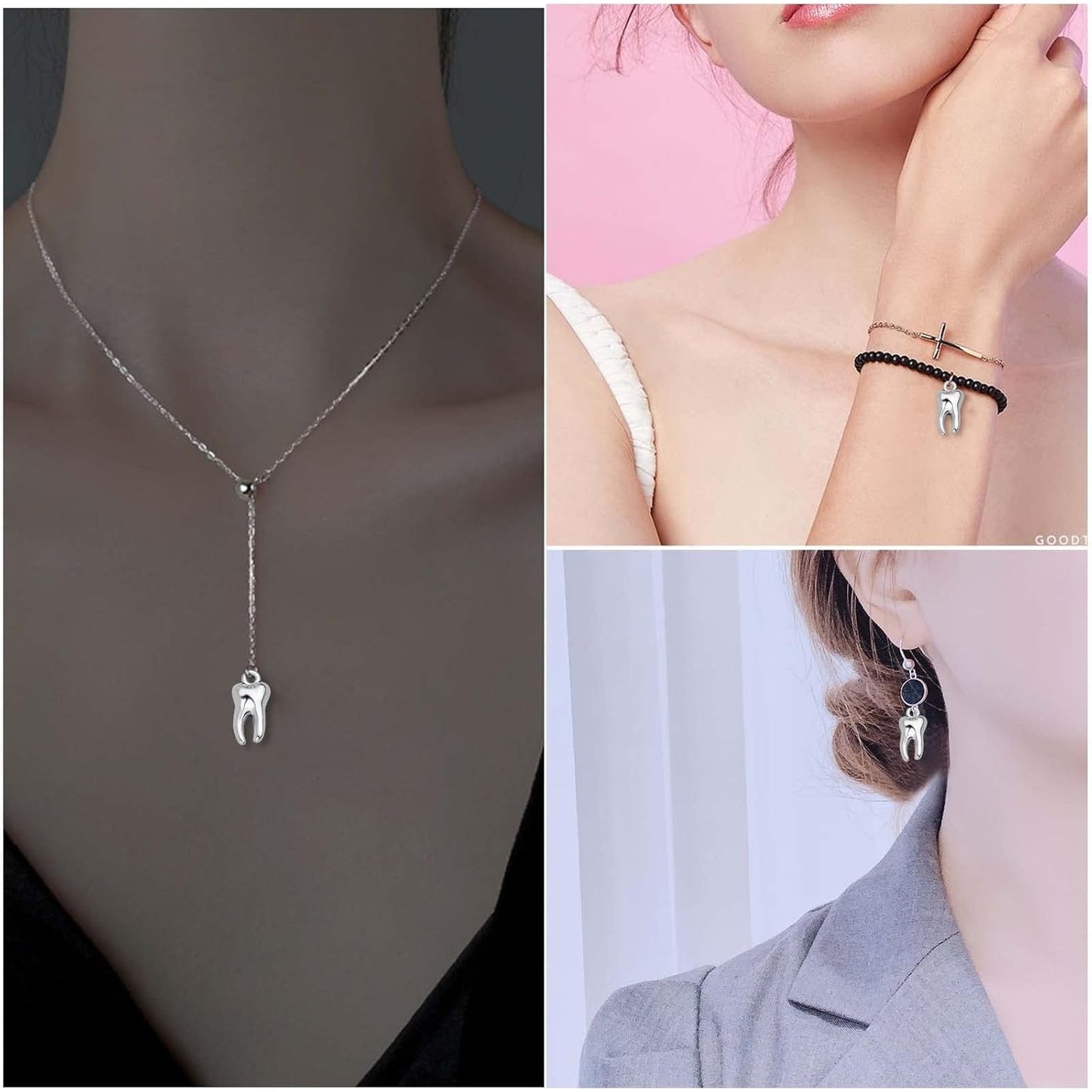 50 Pieces Antique Silver Tooth Pendant Charms Alloy Heathy Teeth Dangle Charms Hanging Ornaments Links for DIY Necklace Bracelet Jewelry Making Supplies