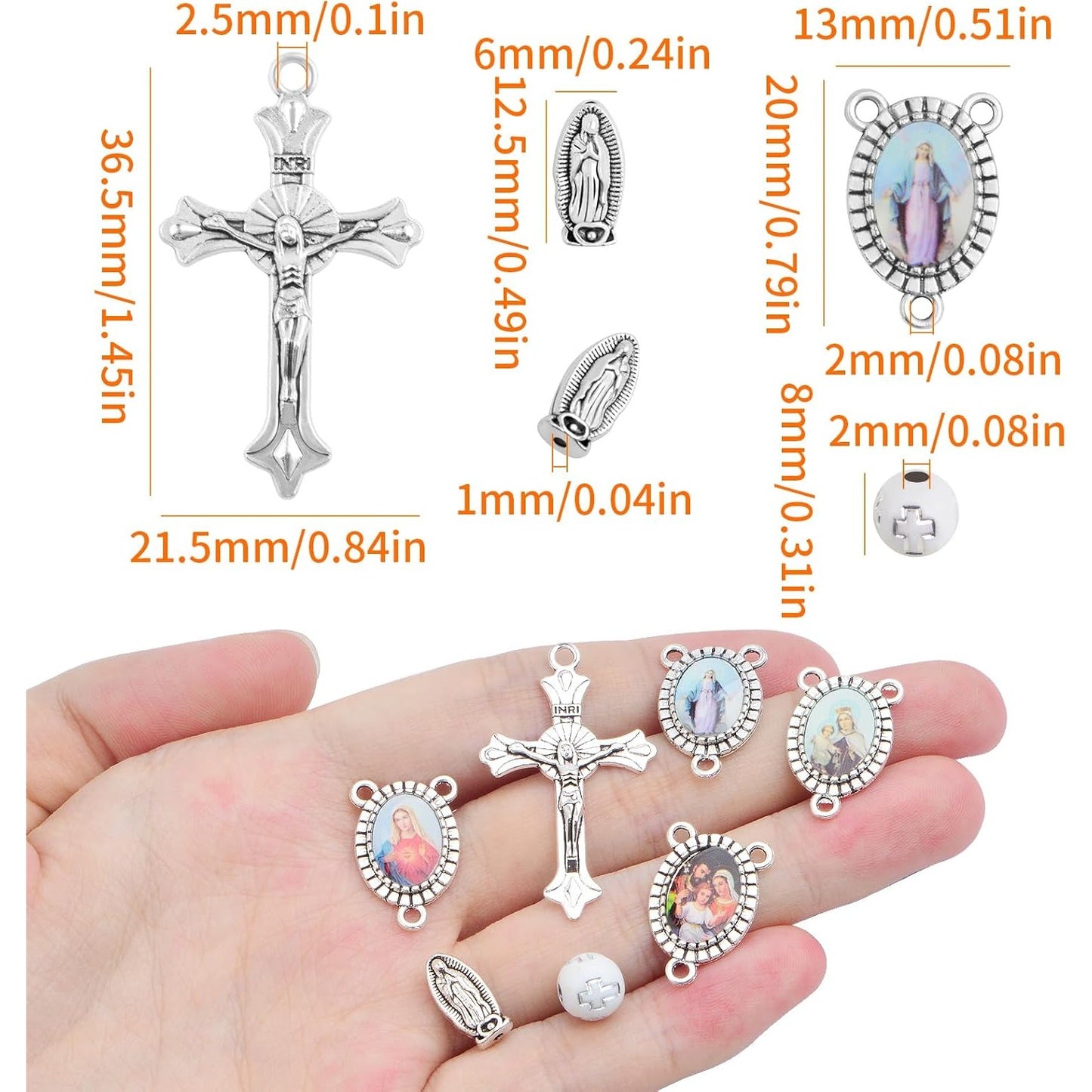 10pcs Religious Cross Charms, 10pcs Oval Virgin Mary Figure Pendant Links, 200pcs Silver White Cross Spacer Beads, 50pcs Silver Rosary Holy Beads for DIY Necklace Bracelet Jewelry Making