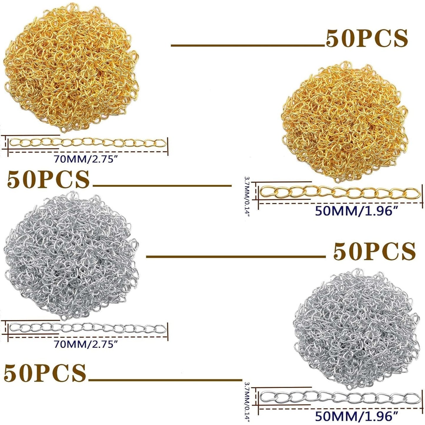 200 Pieces 2 Colors Metal Necklace Extenders Bracelet Anklet Chain Extensions for DIY Jewelry Making Valentine's Day Birthday Gifts, 5 cm / 7 cm