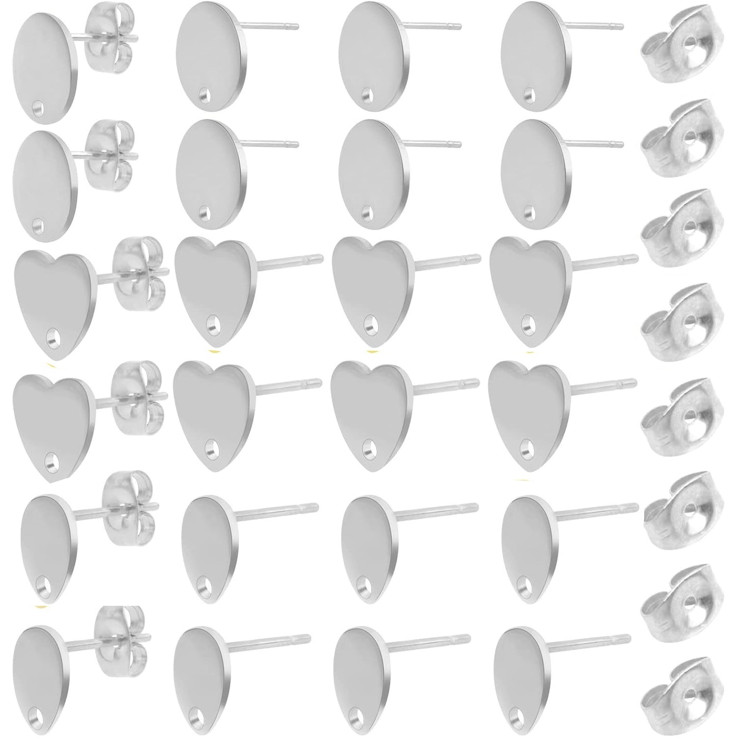 24pcs 3 Styles Stainless Steel Earring Posts with Loop Blank Round Heart Teardrop Shape Stud Earrings and 24pcs Butterfly Earring Backs for DIY Jewelry Making Supplies, 2 Colors