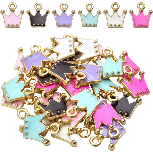 30pcs Gold Plated Enamel Crown Charms Pendants Lovely Multicolor for Bracelet Necklace Crafting Jewelry Making Decoration