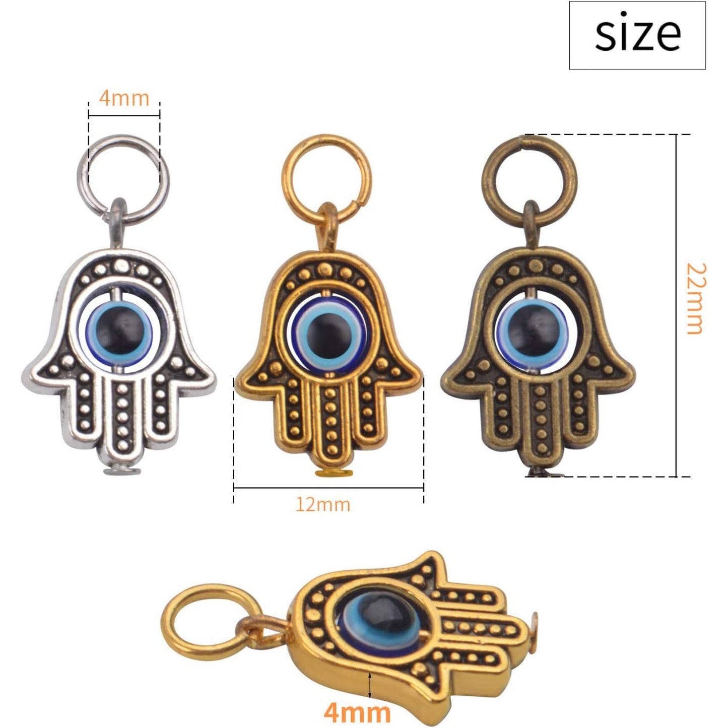 Hamsa Hand Beads Frame Charms,30 Pieces of Hamsa Evil Eye Pendant Hand of Fatima Symbol Charms Jewelry Making Findings for DIY Necklace Bracelet(Gold & Silver & Bronze)