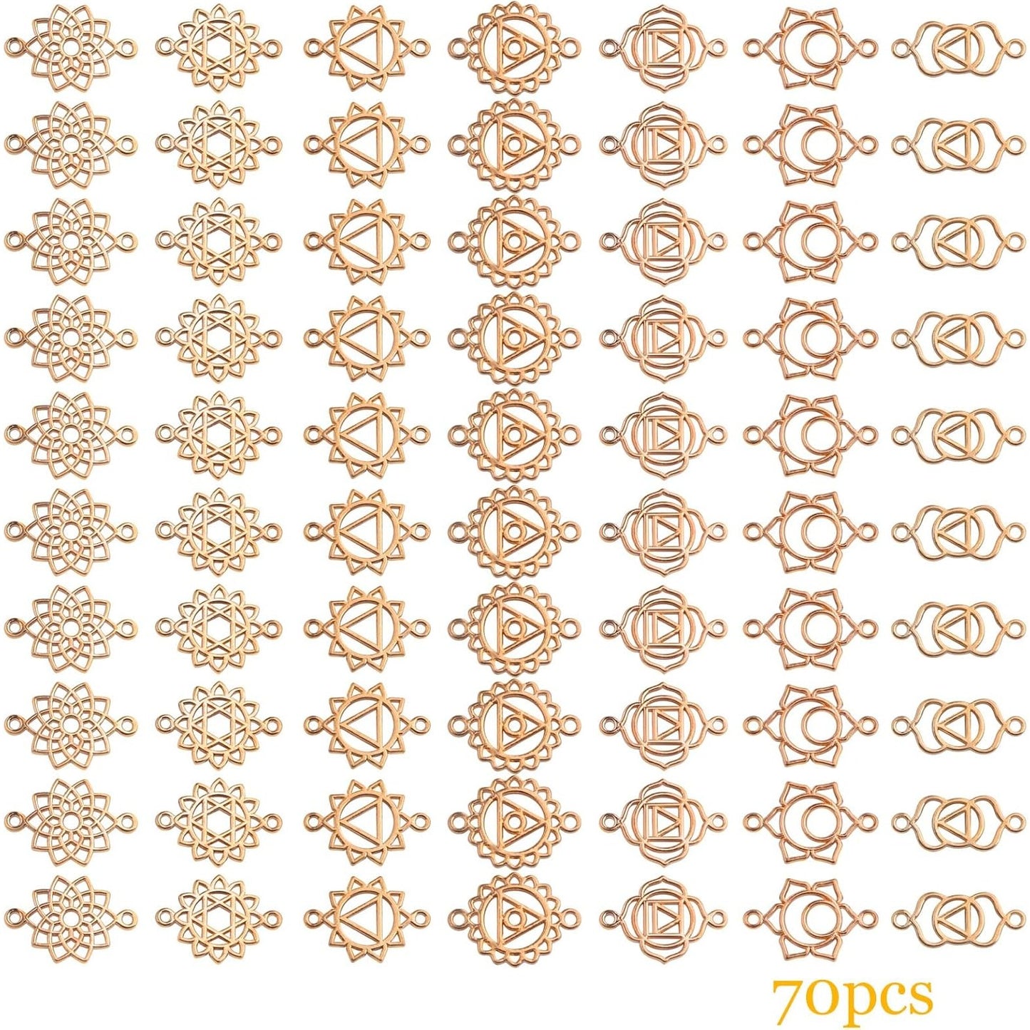 70pcs KC Golden Chakra Energy Charms Connectors Alloy Yoga Inspirational Hollow Flower Chakra Pendants Links for DIY Bracelet Necklace Jewelry Making Supplies, 7 Styles