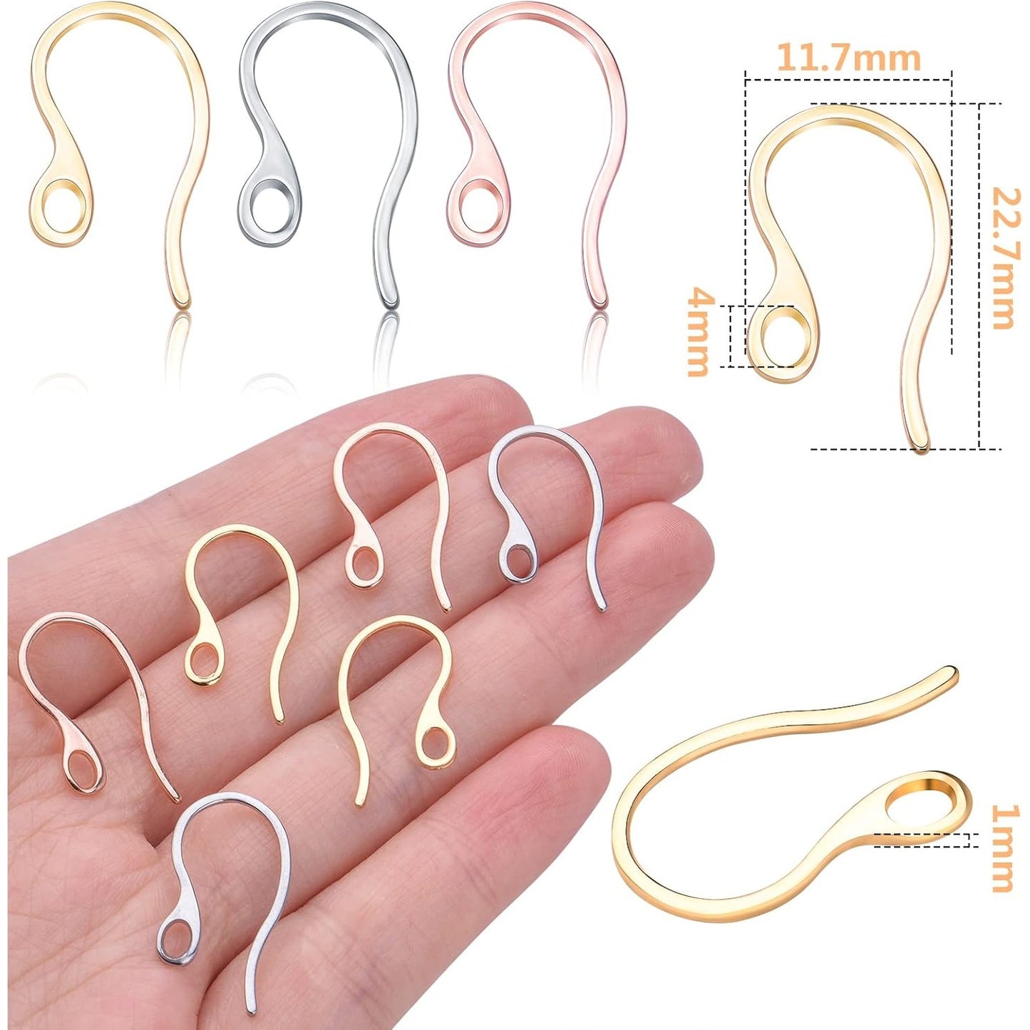 30pcs 3 Colors Stainless Steel Earring Hooks Ear Wire with Loop Hole Earring Findings for DIY Dangle Earrings Jewelry Making Art Craft Projects, 22.7 mm x 11.7 mm