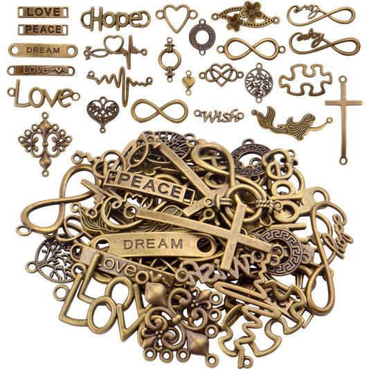 Words Connector Charms, 50 Pieces Mixed Word Letter Connector Pendant Infinity Symbol Link Charms for DIY Necklace Bracelet Jewelry Making - Antique Bronze