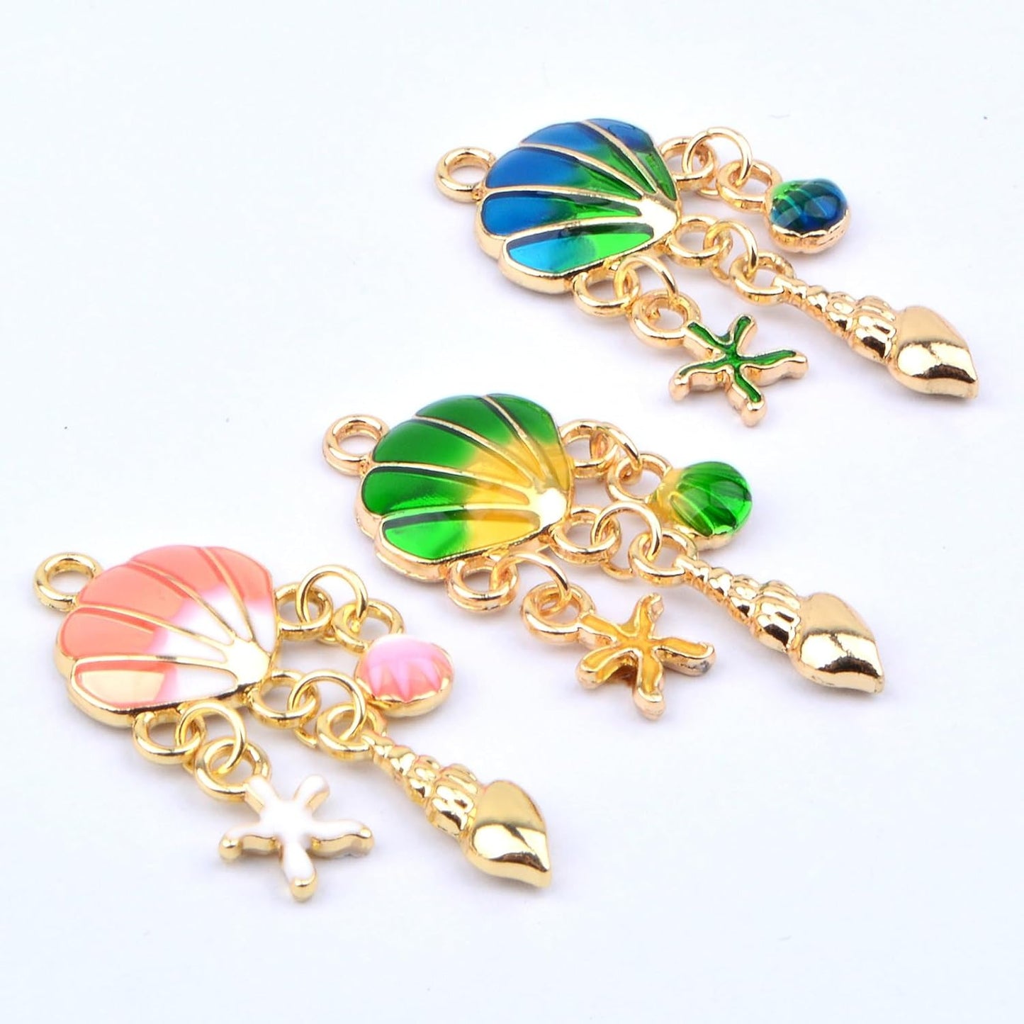 12pcs Golden Plated Enamel Shell Charms with Starfish Conch Seashell Colorful Ocean Seashell Beach Dangle Pendants for DIY Necklace Bracelet Earrings Jewelry Making